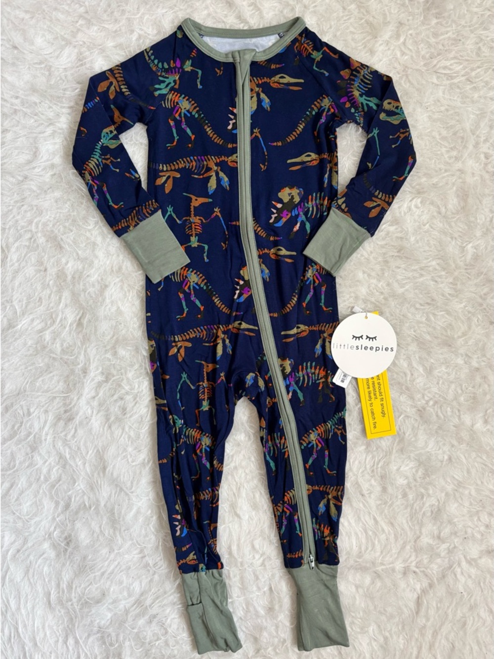 Little Sleepies NWT Navy & Colorful Dino Skeleton Zippy Pajamas